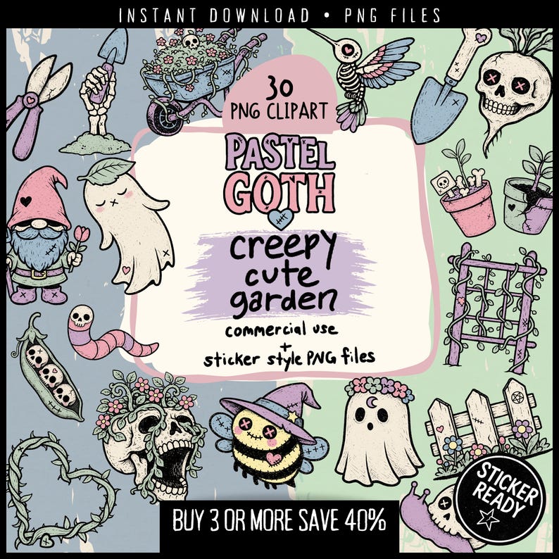 Pastel Goth Garden Clipart Bundle | 30 Halloween PNG Stickers | Gothic Cottagecore Skull Plants & Ghosts | Witchy Botanical Printable PNG image 1