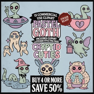 Pastel Goth Cryptid Clipart Bundle – Creepy Cute Mothman, Aliens, Nessie, Yeti, Jackalope & Chupacabra Printable Digital Sticker PNG Files