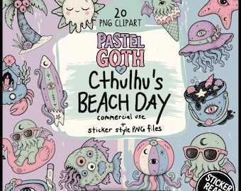 Eldritch Summer Beach Clipart Bundle, 20 Transparent PNGs, Coastal Goth Sticker-Ready Files, Spooky Cthulhu Summerween & Sea Witch Ocean Art