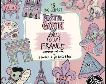 Pastel Goth France Clipart Bundle, Creepy Cute Paris PNG Stickers, Gothic French Halloween Digital Download, 15 Sticker-Ready PNGs
