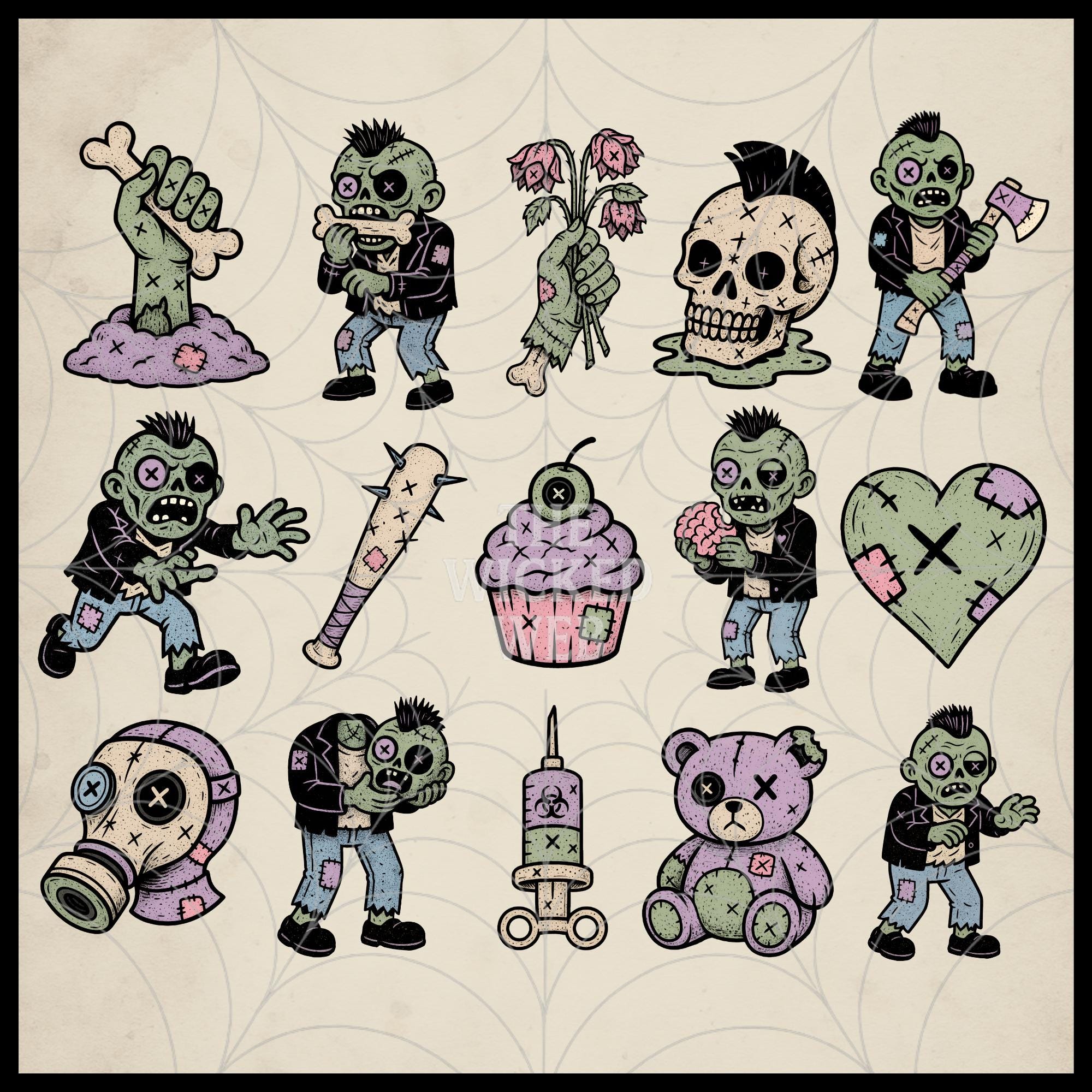Creepy Cute Pastel Goth Zombie Clipart Bundle – 30 Kawaii Undead Pngs ...