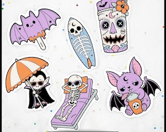 Summerween Sticker Pack, Spooky Summer Vinyl Stickers, Waterproof Halloween Decals for Laptop & Water Bottle, Bat, Skeleton, Vampire Art