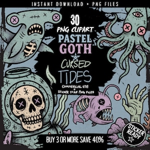Haunted Ocean Pastel Goth Sea Witch Clipart – 30 Creepy Cute Beach PNGs for Kawaii Horror Stickers, Witchcore Journals & Gothic Scrapbooking