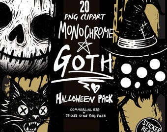 Monochrome Gothic Halloween Clipart Bundle – 20 Black and White Spooky PNGs, Gothic Horror Stickers, Planner, Scrapbook & Sublimation Art