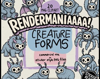 Creepy Cute Animal Clipart: 20 Skull Creatures, Pastel Goth Digital  Horror Stickers & Printable PNG, Halloween
