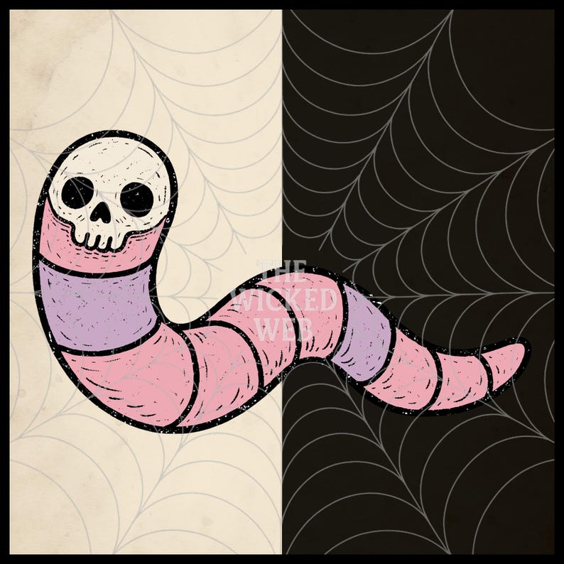 May include: A whimsical illustration of a worm with a skull-shaped head. The worm is segmented in pink and purple, outlined in black. The background is split, with a cream color on the left and a black side with a spiderweb design on the right. Text reads "THE WICKED WEB".
