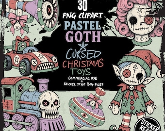 Pastel Goth Christmas Clipart Bundle: Creepy Dolls, Cursed Toys, Skull PNG, Horror Printable Stickers