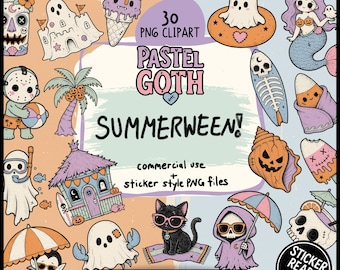 Summerween Clipart Bundle, 30 Spooky Summer PNG Files, Beach Ghost Sticker-Ready Art, Sea Witch Pastel Goth Halloween Digital Download