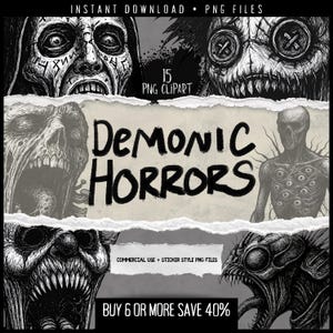 Demonic Horror Clipart PNG Bundle – 15 Black & White Ritual Monsters, Possessed Entities, Tattoo-Style Graphics, Occult Art for Journaling