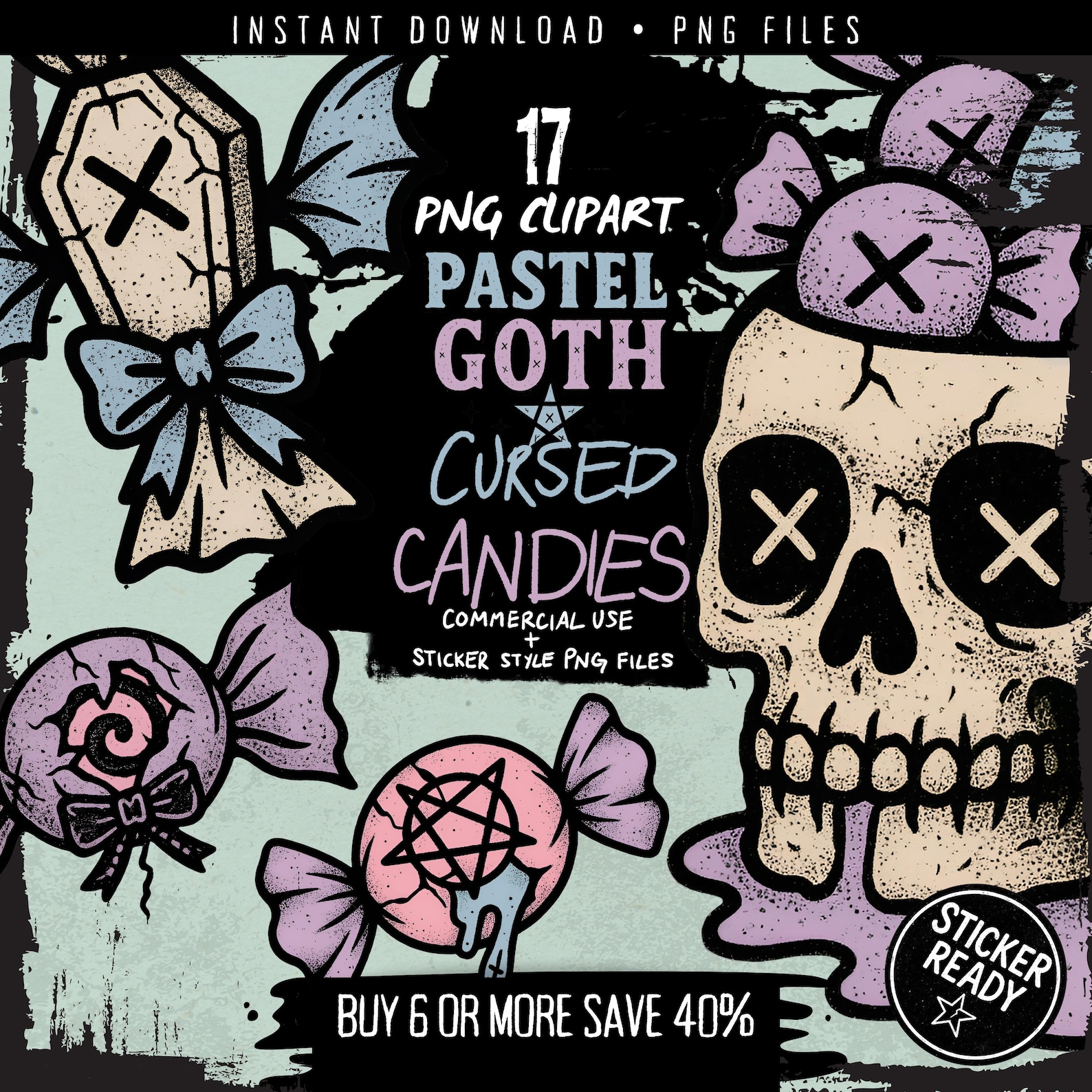 Pastel Goth Candy Clipart Bundle – 17 Cursed Halloween Pngs With ...