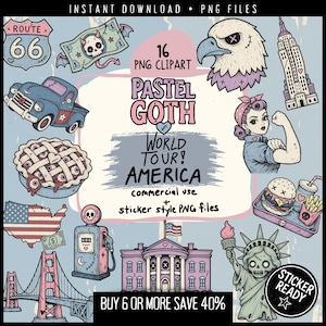 Könnte beinhalten: Eine Sammlung von 16 digitalen Illustrationen im Pastell-Goth-Stil mit amerikanischen Symbolen, darunter ein Route-66-Schild, eine Totenkopf-Banknote, ein Adler, ein Pickup-Truck, ein Augapfel-Kuchen, eine Landkarte und die Freiheitsstatue.