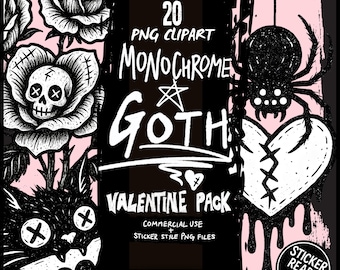 Dark Gothic Valentine Clipart Bundle – 20 Monochrome PNGs for Stickers, Journals, Decor