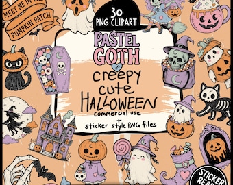 Pastel Goth Halloween Clipart Bundle, 30 Sticker-Ready PNGs: Creepy Cute Ghosts, Pumpkins, Skulls & Witches