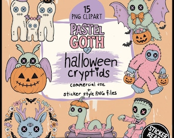 Pastel Goth Cryptid Clipart Bundle, Creepy Cute Halloween PNG, Mothman Bigfoot Nessie Digital Stickers