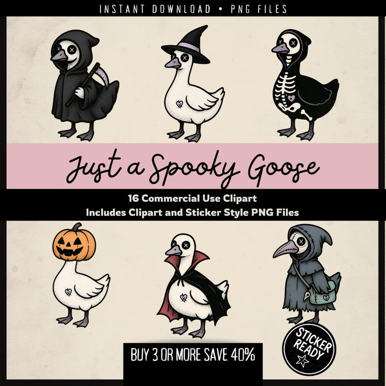 Paquete de imágenes prediseñadas de gansos espeluznantes: 16 imágenes PNG listas para usar como pegatinas con gansos disfrazados de fantasmas, sombreros de bruja, calabazas y esqueletos. imagen 1