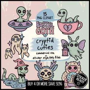 Pastel Goth Cryptid Clipart Bundle – Creepy Cute Mothman, Aliens, Nessie, Yeti, Jackalope & Chupacabra Printable Digital Sticker PNG Files