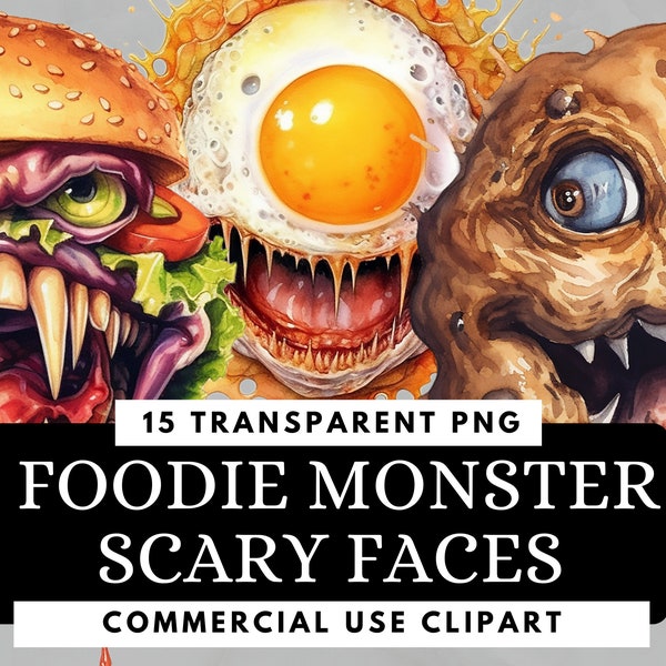 15 Food Monster Faces Clipart Bundle - Digital Download - Transparent PNGs - Food Illustrations for Halloween - Commercial Use