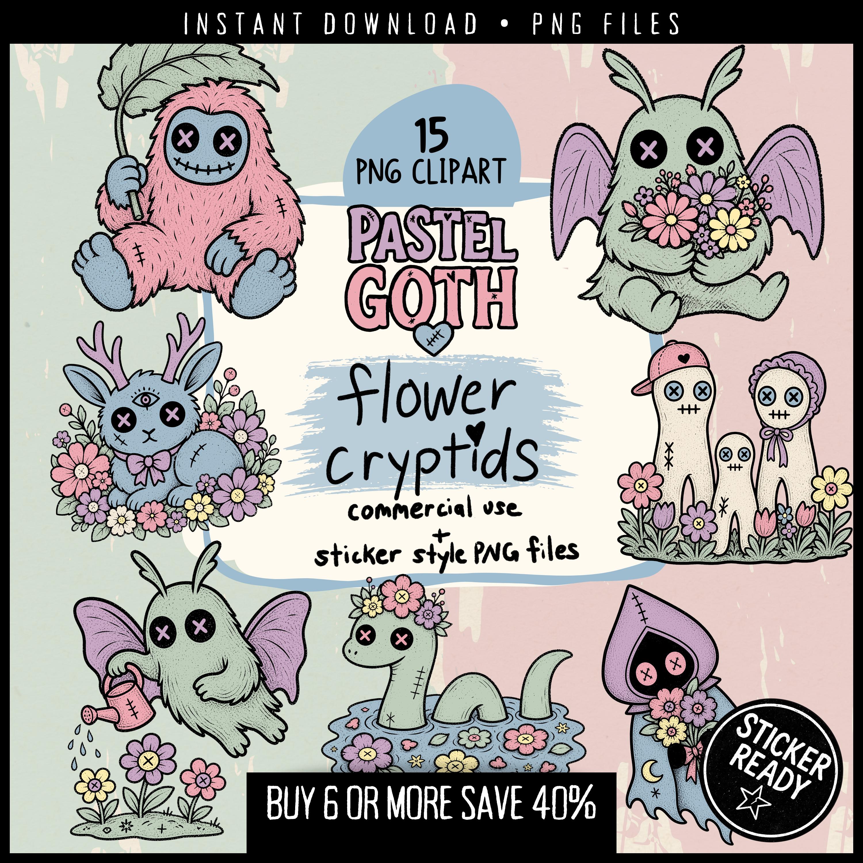 Pastel Goth Spring Floral Cryptid Clipart – Creepy Cute Mothman, Aliens ...