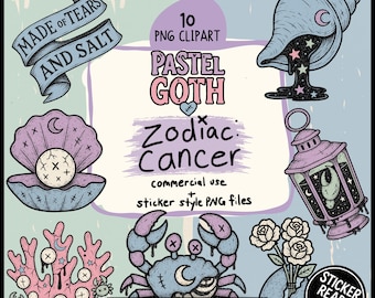 Cancer Zodiac PNG Clipart Bundle, 10 Pastel Goth Sticker PNG, Creepy Cute Astrology Crab, Digital Download
