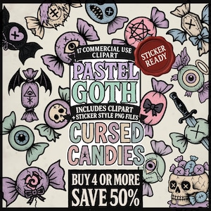 Pastel Goth Candy Clipart Bundle – 17 Cursed Halloween PNGs with Sticker Versions, Kawaii Horror Graphics for Planners, Crafts & Journaling