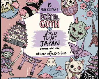 Japanese Horror PNG Clipart Bundle - 15 Pastel Goth Zombie Samurai Sticker and Kawaii Brain Sushi & Skull Ramen Digital Travel Planner Set
