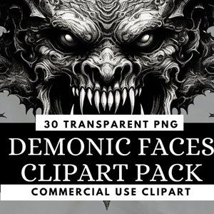 Bundle de cliparts visages effrayants - téléchargement numérique - 30 PNG de fond Transparent - Halloween - illustrations de démons - usage Commercial