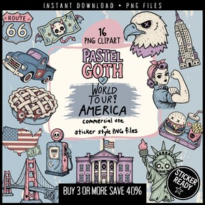 Pastell-Goth-USA-Clipart-Bundle, Rosie the Riveter, Uncle Sam, Gruselig-süße patriotische PNG-Bilder, Route-66-Americana-Sticker (PNG), Gruseliger 4. Juli