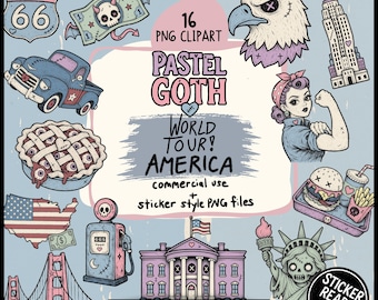 Pastel Goth USA Clipart Bundle, Rosie the Riveter, Uncle Sam, Creepy Cute Patriotic PNG, Route 66 Americana Sticker PNG, Spooky 4th of July