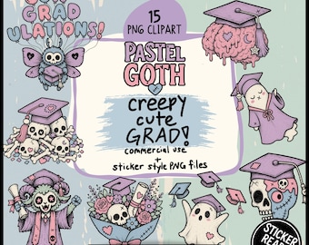 Pastel Goth Graduation Clipart PNG Bundle - Class of 2026 Senior 2027 - Horror Kawaii Digital Download & Commercial Use Creepy Cute Stickers