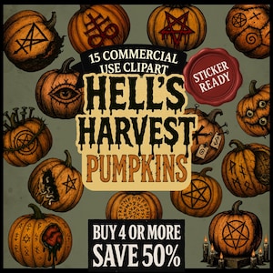 Lot de 15 cliparts PNG citrouille rituelle - Hells Harvest Halloween graphiques pour autocollants, journal occulte, album de sorcellerie et oeuvre d'art imprimable