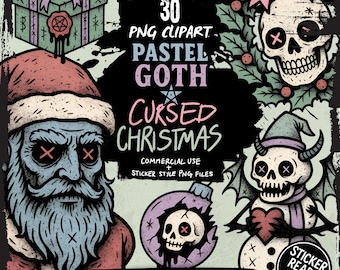 Paquete de imágenes prediseñadas navideñas estilo gótico pastel / Conjunto de 30 imágenes PNG navideñas espeluznantes y adorables para sublimación y pegatinas / Papá Noel y Krampus con calaveras oscuras