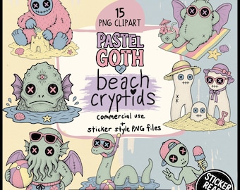 Pastel Goth Beach Cryptid Clipart Bundle, 15 Summerween PNGs for Spooky Stickers, Cricut, Scrapbook, Junk Journals & Digital Crafts