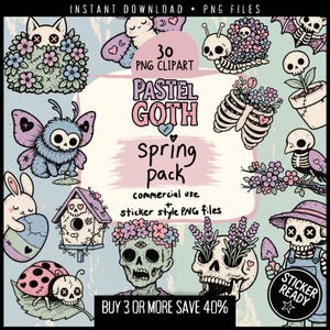 Pastel Goth Spring Clipart – 30 Creepy Cute Floral Goth PNGs for Witchcore Stickers, Kawaii Horror Art, Gothic Scrapbooking & Sublimation