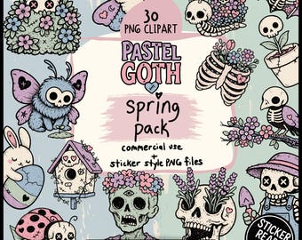 Pastel Goth Spring Clipart – 30 Creepy Cute Floral Goth PNGs for Witchcore Stickers, Kawaii Horror Art, Gothic Scrapbooking & Sublimation