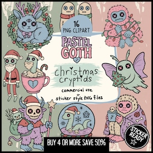 Pastel Goth Christmas Cryptids Clipart – Creepy Cute Krampus and Holiday Mothman, Yeti, Bigfoot, Aliens, Nessie & Cryptid Sticker png-bestanden