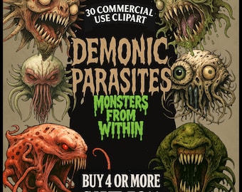 Monster Face Clipart PNG Bundle – 30 Demon Parasite Horror Graphics for Journaling, Scrapbooking, Collage, Tattoo Flash & Printable Art