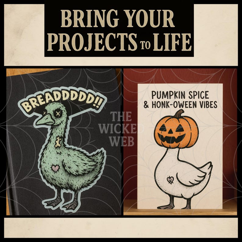 Puede incluir: Imagen promocional con el texto "BRING YOUR PROJECTS TO LIFE". Presenta dos ilustraciones de patos. Uno es verde con el texto "BREADDDDD!!" y el otro tiene una cabeza de calabaza con el texto "PUMPKIN SPICE & HONK-OWEEN VIBES."
