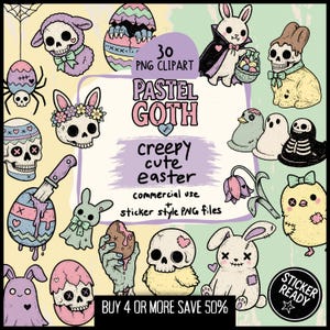 May include: A digital illustration featuring pastel goth Easter-themed clip art. The image includes skulls, bunnies, and eggs, with text reading "PASTEL GOTH", "creepy cute easter", and "BUY 4 OR MORE SAVE 50%". The style is reminiscent of sticker designs.