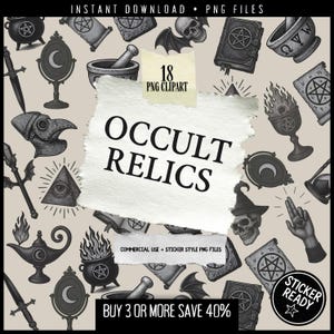 Okkulte Reliquien-Clipart-PNG-Bundle – 18 Ritualwerkzeuge, Pentagramme, esoterische Symbole, Hexerei-Grafiken, mystische gotische Digitalkunst