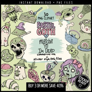 Pacote de Clipart Pastel Goth Matcha, 30 Adesivos PNG Assustadoramente Fofos, Arte Kawaii Assustadora de Caveira e Fantasma