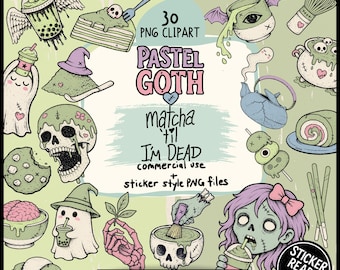 Pastel Goth Matcha Clipart Bundle, 30 Creepy Cute PNG Stickers, Spooky Kawaii Skull & Ghost Art