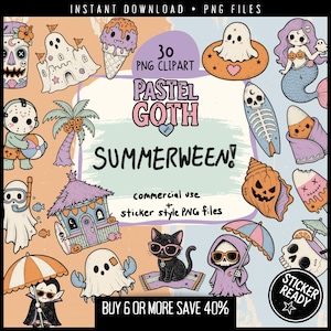 May include: A collection of 30 pastel goth themed digital PNG clipart files featuring summer and Halloween motifs. Illustrations include ghosts, a mermaid, a black cat, skulls, a beach house, and ice cream. Text reads: 30 PNG CLIPART PASTEL GOTH SUMMERWEEN! commercial use + sticker style PNG files BUY 6 OR MORE SAVE 40% STICKER READY.