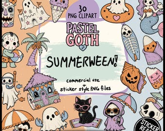 Summerween Clipart Bundle, 30 Spooky Summer PNG Files, Beach Ghost Sticker-Ready Art, Sea Witch Pastel Goth Halloween Digital Download