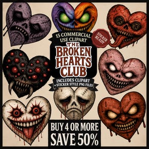 Creepy Valentine Clipart – 15 Horror Heart PNGs for Anti-Valentine Designs, Tattoo Flash, Gothic Journals, Spooky Scrapbook & Sticker Pack
