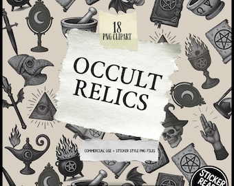 Occult Relics Clipart PNG Bundle – 18 Ritual Tools, Pentagrams, Esoteric Symbols, Witchcraft Graphics, Mystical Gothic Digital Art