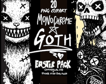 Monochrome Goth Easter Clipart – Creepy Bunny Skull PNG Stickers (Digital Download)