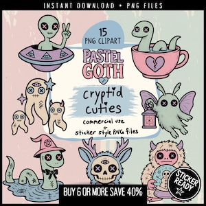Paquete de imágenes prediseñadas de críptidos góticos pastel: archivos PNG de pegatinas digitales imprimibles de Mothman, alienígenas, Nessie, Yeti, Jackalope y Chupacabra, con diseños espeluznantes y adorables.