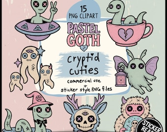 Paquete de imágenes prediseñadas de críptidos góticos pastel: archivos PNG de pegatinas digitales imprimibles de Mothman, alienígenas, Nessie, Yeti, Jackalope y Chupacabra, con diseños espeluznantes y adorables.