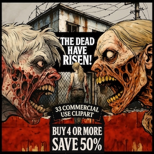 Pacchetto Clipart di Undead Horror - 33 PNG di Apocalisse Zombie per Halloween, decorazioni gotiche, scrapbooking, sublimazione, journaling e artigianato digitale