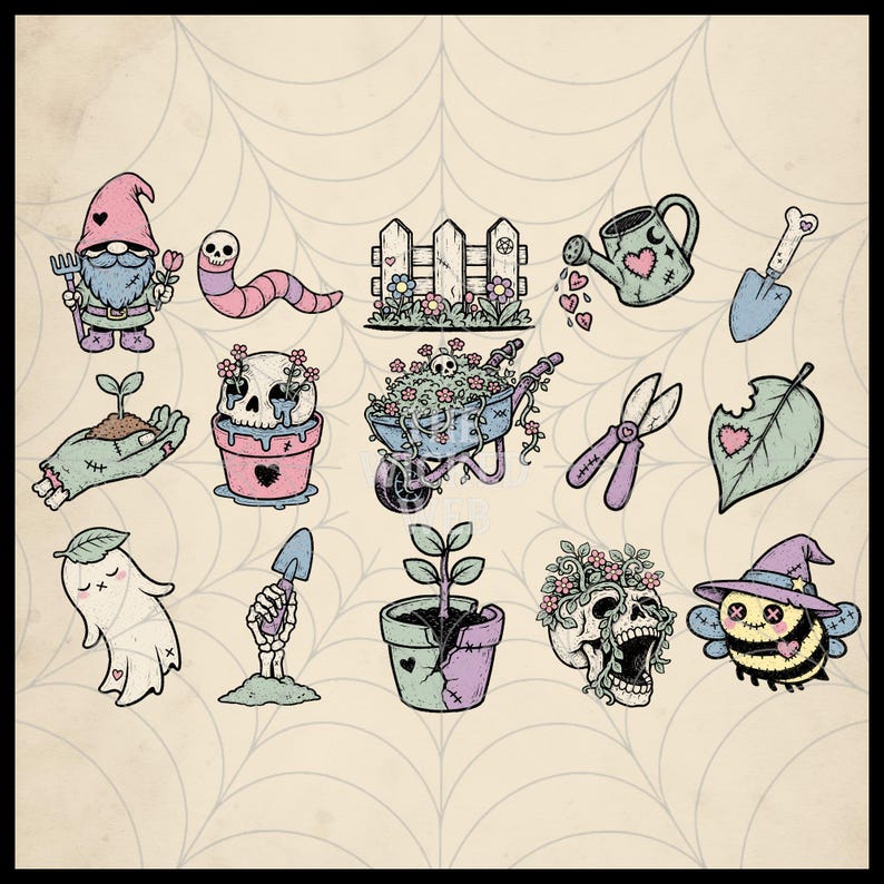 May include: A collection of whimsical garden-themed illustrations. Includes a gnome, worm, fence, watering can, shovel, skull, wheelbarrow, shears, leaf, ghost, skeleton hand, potted plant, and bee, all with a spooky, cute aesthetic. The color palette is soft with pastel tones.